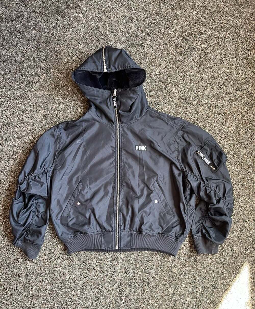 PINK Oversized Bomber Jacket with Zip Hood and Large Back Logo